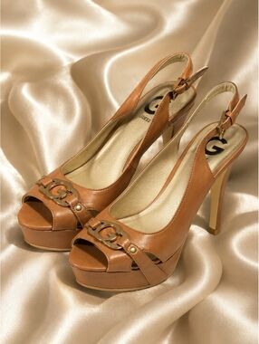 GUESS Women's Tan Leather Peep Toe Slingback High Heel Sandals with Gold Logo